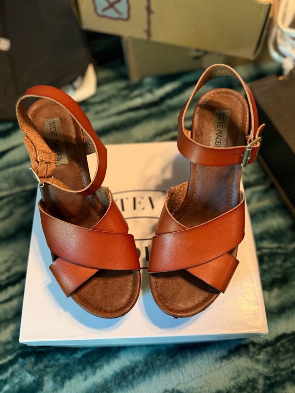 Steve Madden Cognac Leather Crisscross Ankle Strap Sandals
